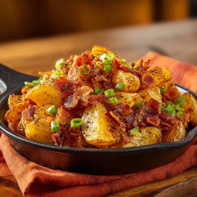 Knusprige Bratkartoffeln mit Räuchertofu und Frühlingszwiebeln, garniert mit frischen Kräutern, serviert in einer gusseisernen Pfanne.