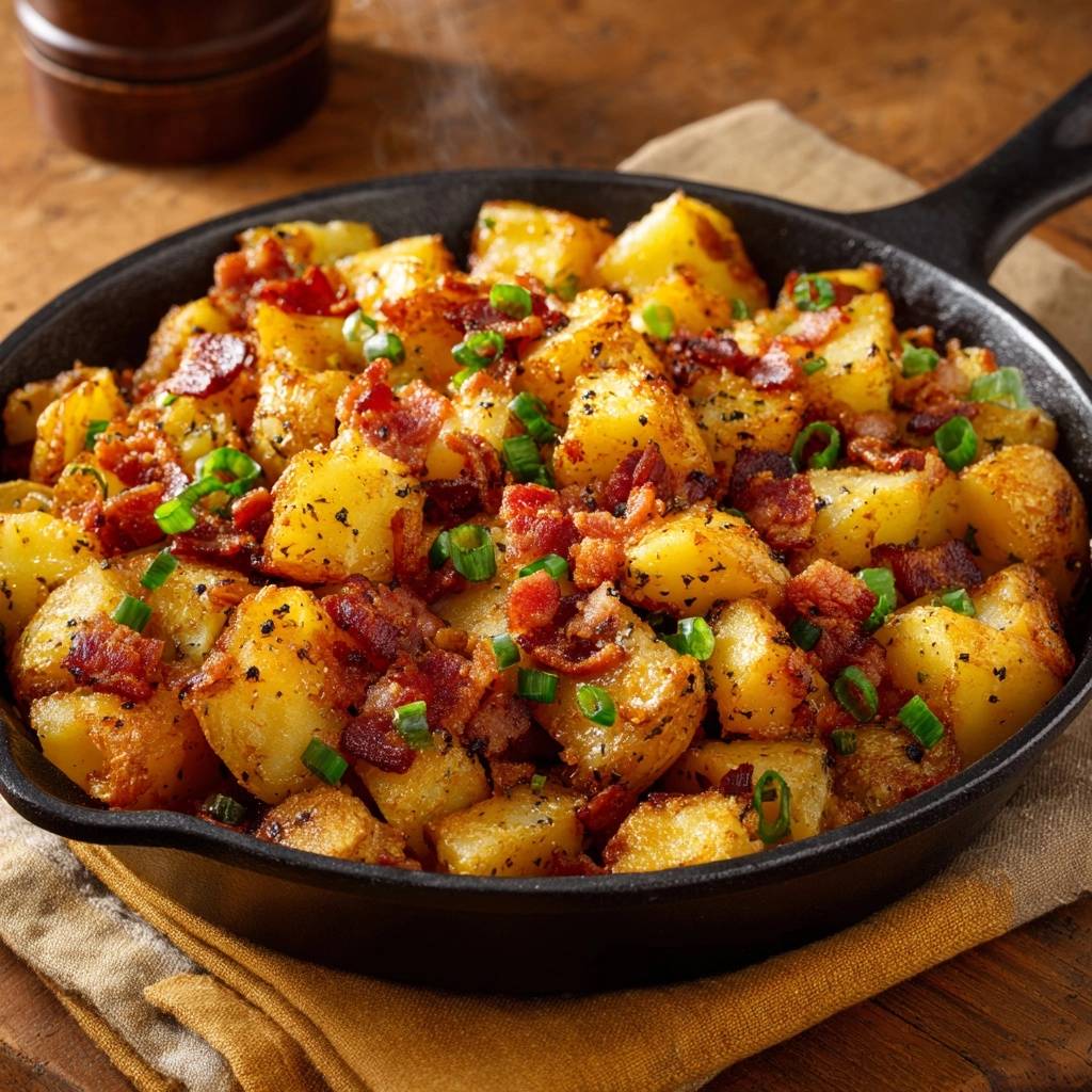 Knusprige Bratkartoffeln mit Räuchertofu und Frühlingszwiebeln, in einer Gusseisenpfanne serviert.