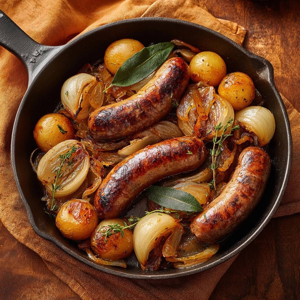 Bratwürstchen-Pfanne mit Babykartoffeln, Zwiebeln und Salbei, appetitliche Draufsicht in einer Gusseisenpfanne