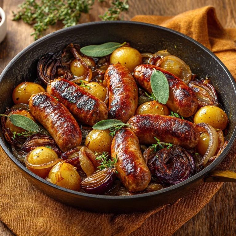 Bratwürstchen-Pfanne mit Babykartoffeln, Zwiebeln und Salbei, detaillierte Nahaufnahme der gebratenen Würstchen und Gemüse in einer Pfanne.
