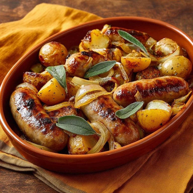 Bratwürste mit Babykartoffeln, Zwiebeln und Salbei, als Nahaufnahme im Bratgeschirr serviert mit frischen Salbeiblättern garniert.