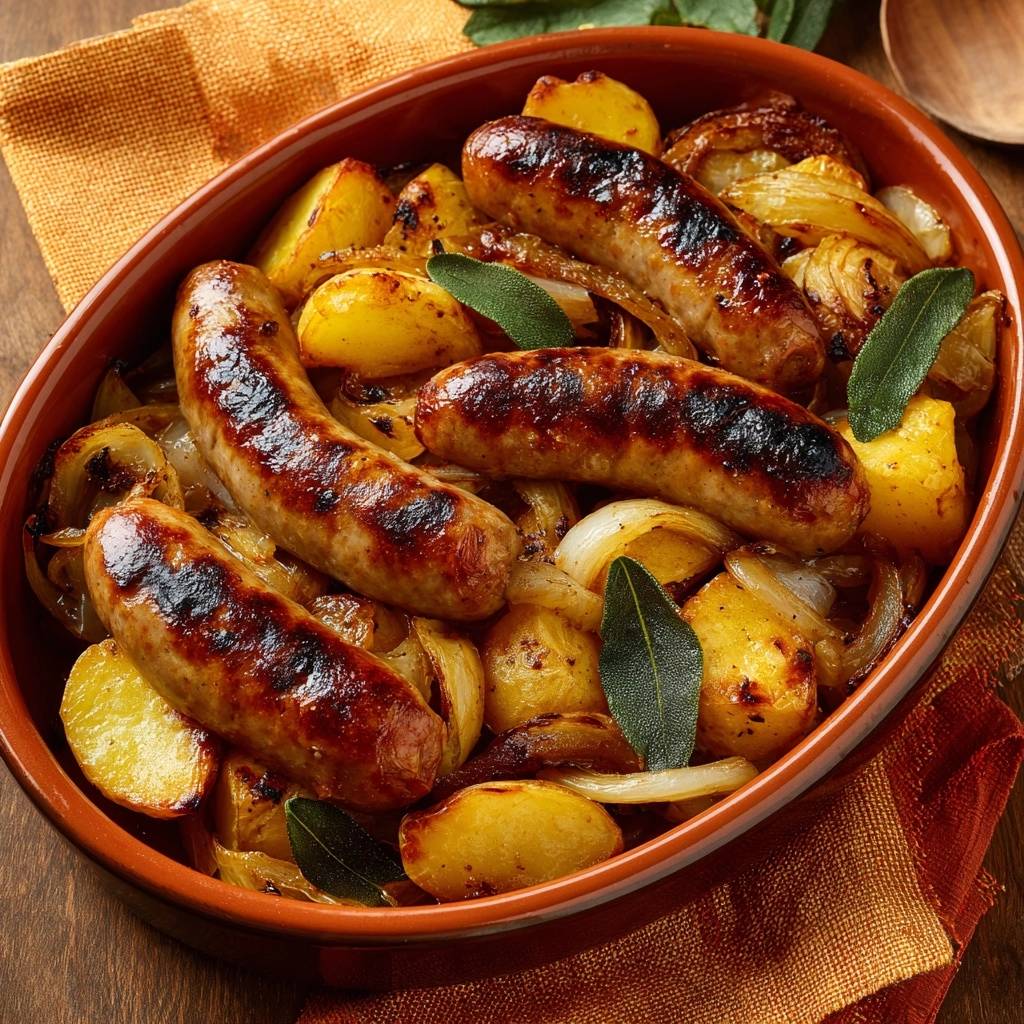 Bratwürste mit Babykartoffeln, Zwiebeln und Salbei in einer rustikalen Keramikform serviert.