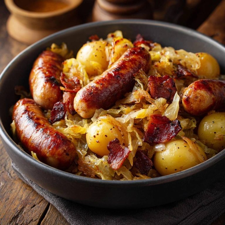 Bratwurst mit Sauerkraut, Babykartoffeln und Speck als Nahaufnahme in einer Schüssel serviert.