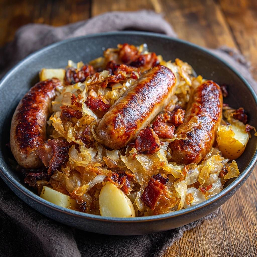 Bratwurst mit Sauerkraut, Babykartoffeln und Speck als Nahaufnahme in einer Schüssel angerichtet