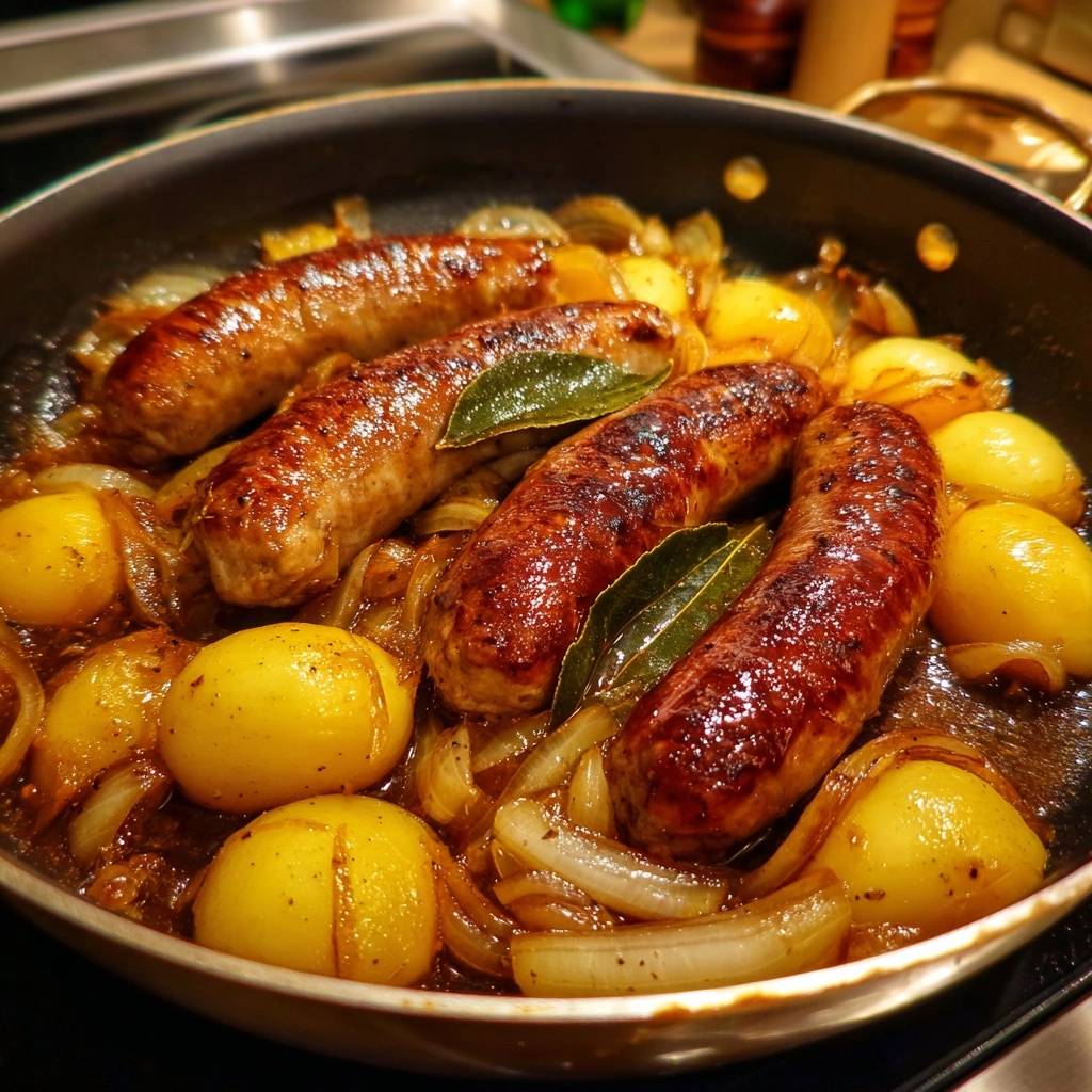 Bratwurst-Pfanne mit Kartoffeln und Zwiebeln, eine Nahaufnahme der gebratenen Würste und Kartoffeln in der Pfanne.