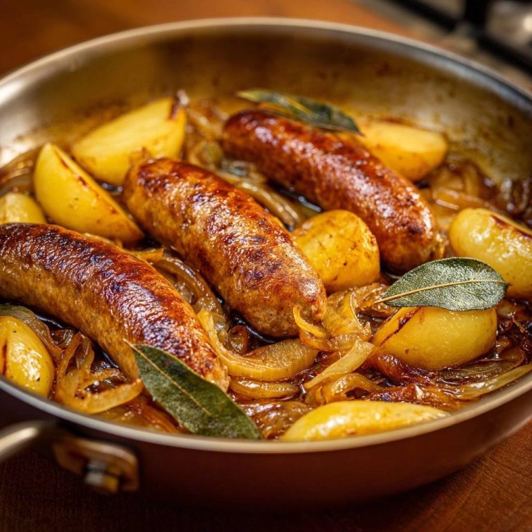Bratwurst-Pfanne mit Kartoffeln und Zwiebeln als Nahaufnahme in einer Pfanne mit goldbraunen Würsten und gebratenen Kartoffelstücken.