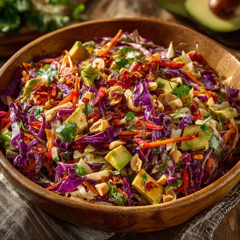 Bunter asiatischer Krautsalat mit Avocado & Erdnüssen, nah aufgenommen in einer Holzschüssel mit detaillierter Textur und Zutaten.