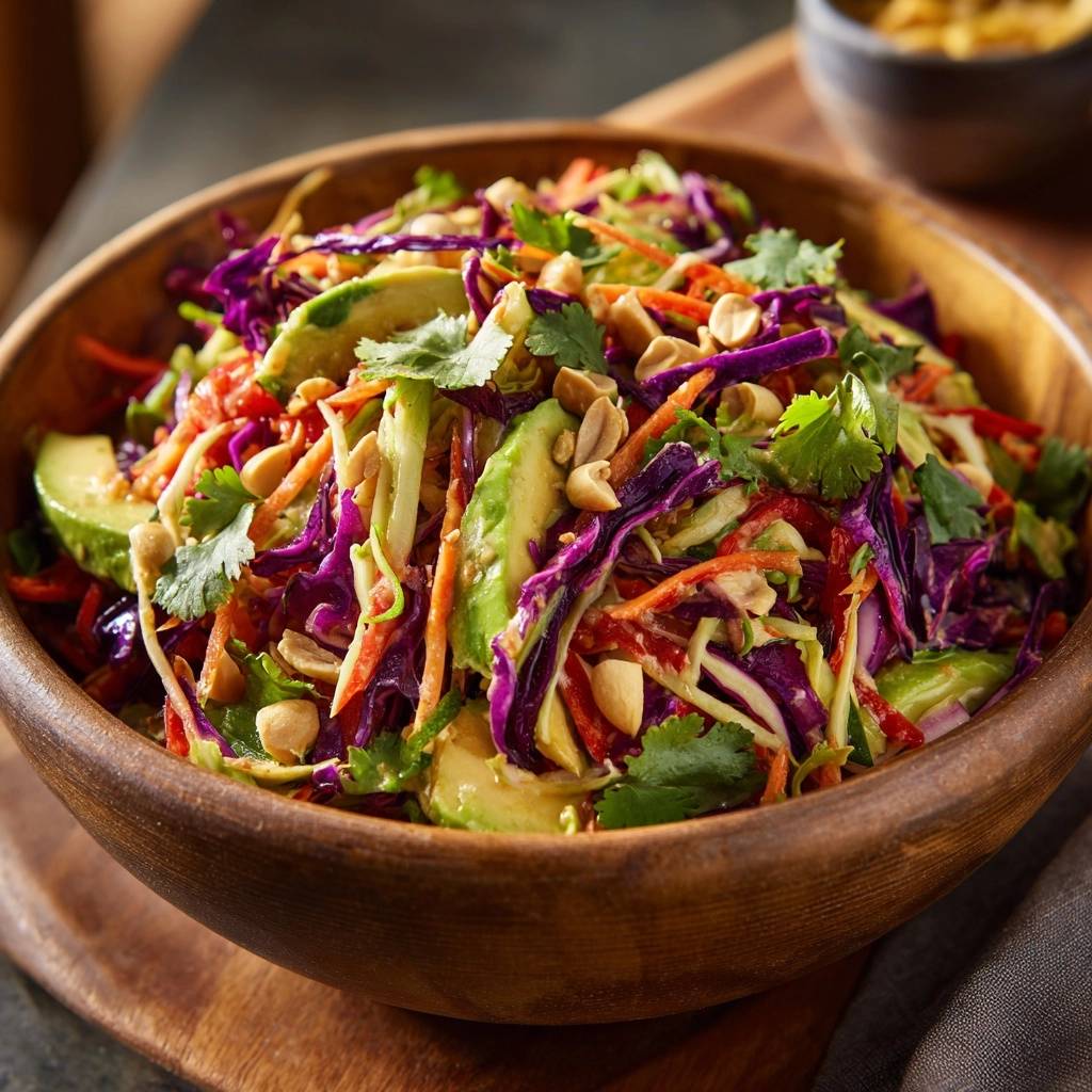 Bunter asiatischer Krautsalat mit Avocado und Erdnüssen, nahaufnahme der frischen Zutaten und Erdnuss-Topping in einer Holzschale.