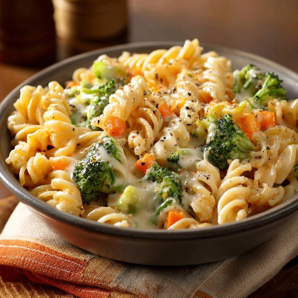 Bunter Brokkoli-Fusilli mit Karotten & Käsesoße als Detailaufnahme in einer Schüssel mit cremiger Soße.