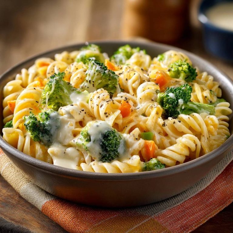 Bunter Brokkoli-Fusilli mit Karotten und Käsesoße, eine Nahaufnahme mit Kräutern und geschmolzenem Käse.