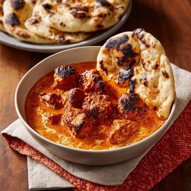 Butter Paneer Masala mit Naans als Nahaufnahme in einer Schale mit knusprigem Brot serviert