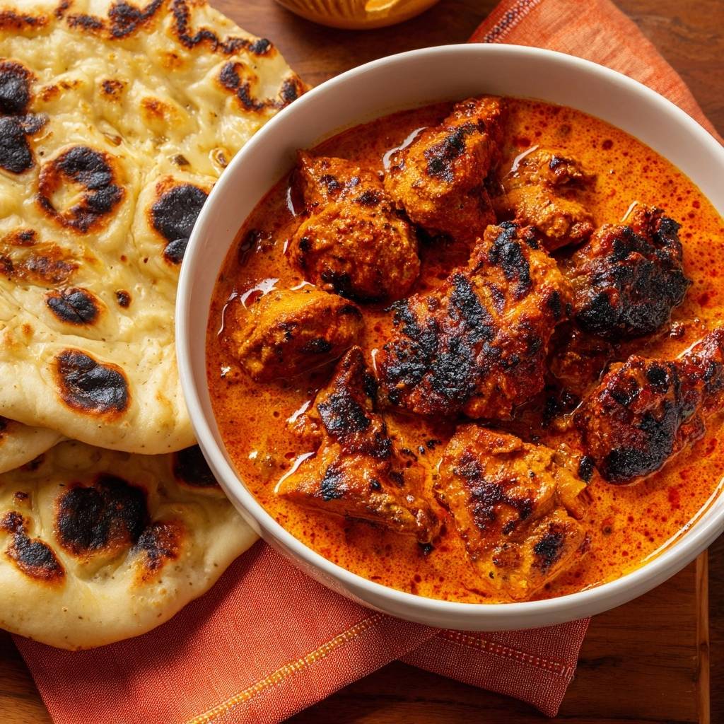 Butter Paneer Masala mit Naans, eine Nahaufnahme des indischen Gerichts im Teller mit cremiger Soße und gegrilltem Paneer.