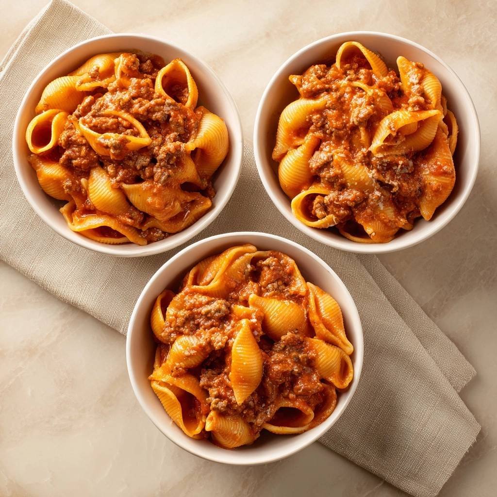 Conchiglie mit Hackfleischsauce, drei weiße Schalen mit Nudeln und Sauce aus der Vogelperspektive auf einem Tisch serviert