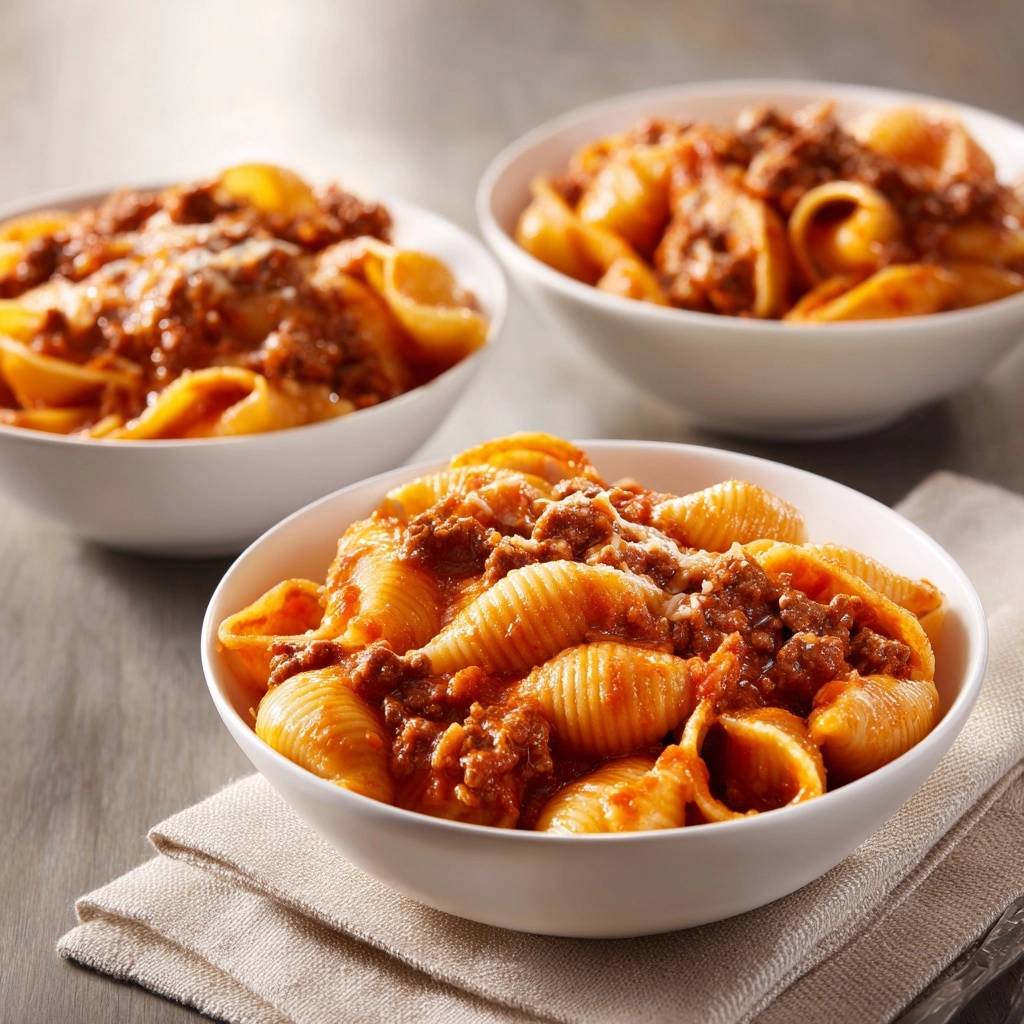 Conchiglie mit Hackfleischsauce, serviert in weißen Schalen mit sichtbaren Nudelmuscheln und einer herzhaften Fleischsauce.