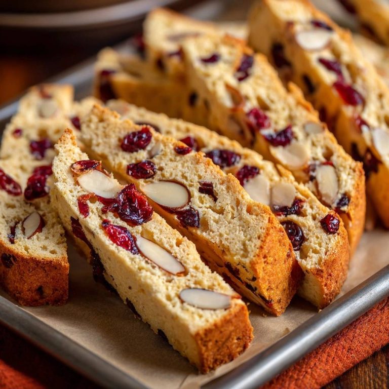 Cranberry-Mandel-Cantuccini angeschnitten auf einem Backblech, mit sichtbaren Mandelsplittern und getrockneten Cranberries im knusprigen Gebäck.