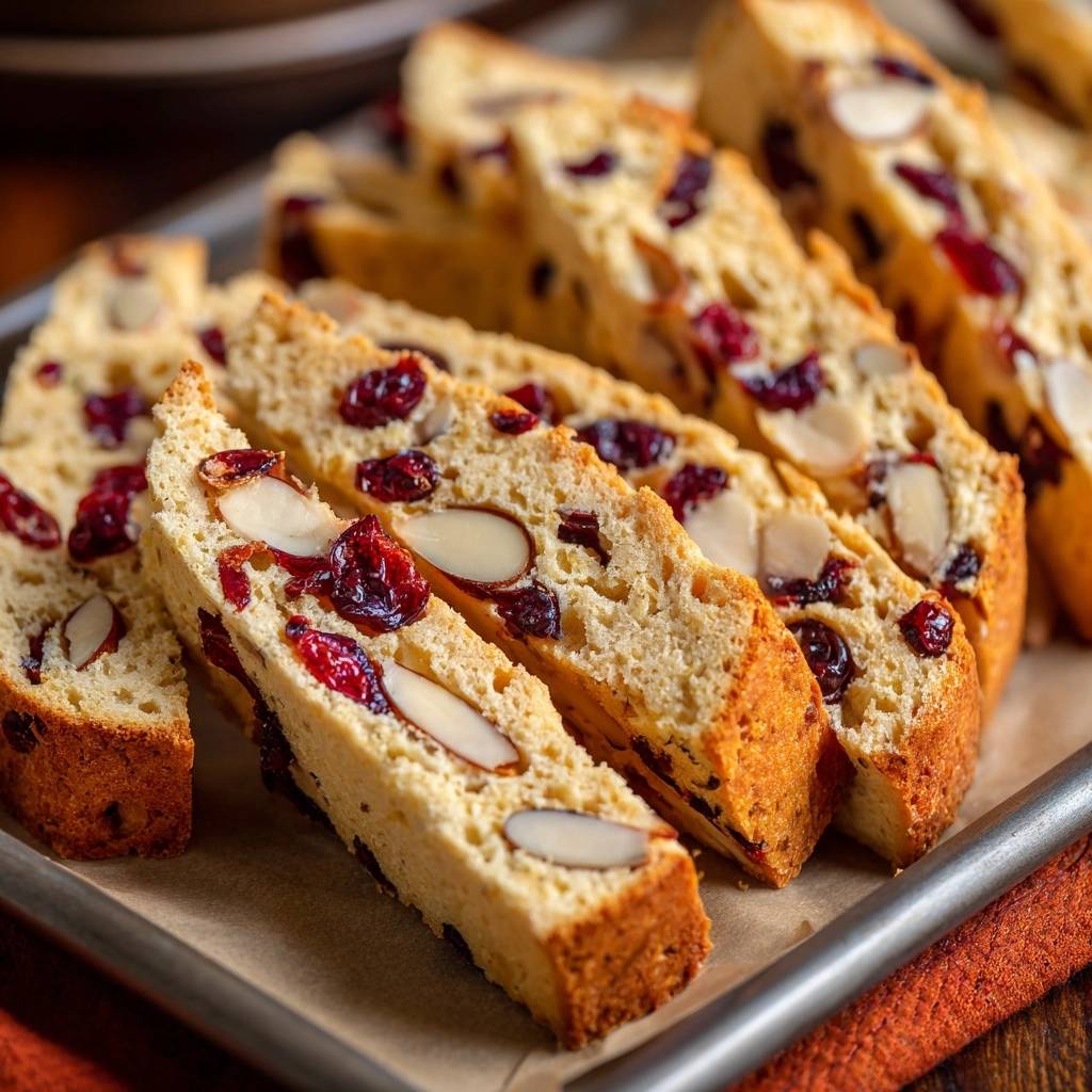 Cranberry-Mandel-Cantuccini angeschnitten auf einem Backblech, mit sichtbaren Mandelsplittern und getrockneten Cranberries im knusprigen Gebäck.
