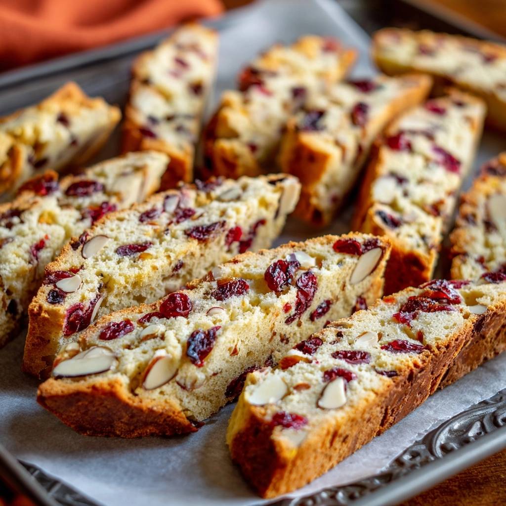 Cranberry-Mandel-Cantuccini im Anschnitt, Nahaufnahme der knusprigen Textur mit Mandeln und Cranberries.
