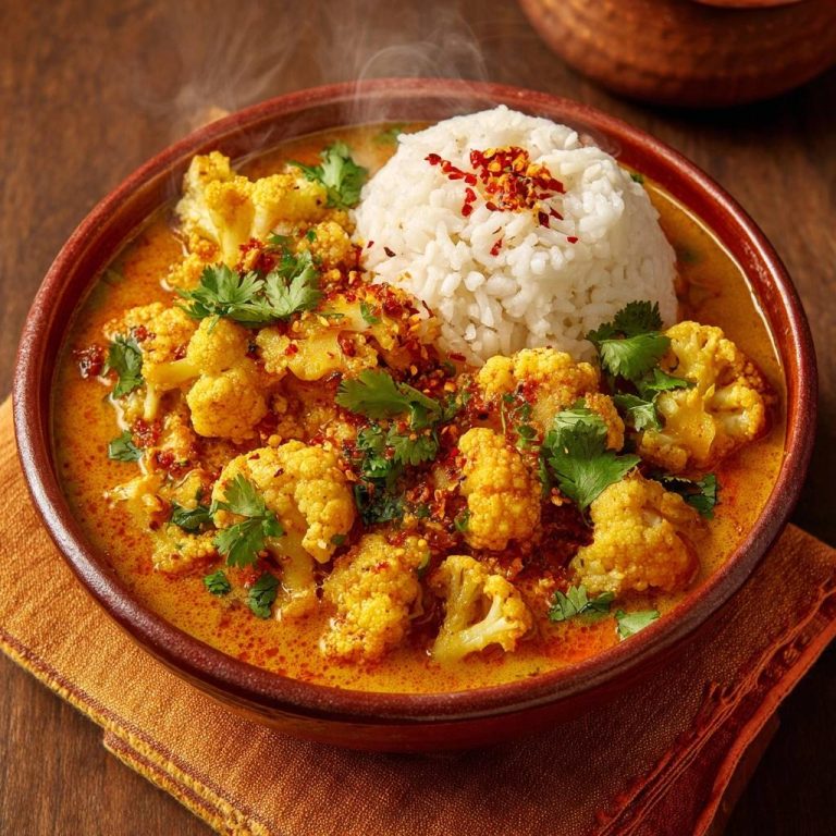Cremiges Blumenkohl-Curry mit Reis, serviert in einer Schüssel mit Koriander und Chiliflocken, Nahaufnahme.