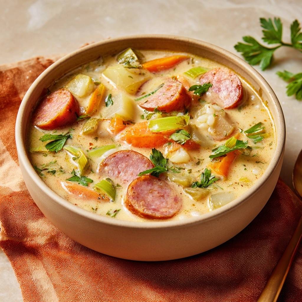 Cremiger Lauch-Kartoffel-Eintopf mit Wurst, eine Nahaufnahme mit sichtbaren Wurstscheiben, Kartoffeln und Karotten.