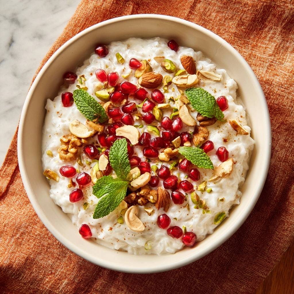 Cremiger Milchreis mit Granatapfel, Pistazien und Walnüssen, garniert mit frischen Minzblättern.