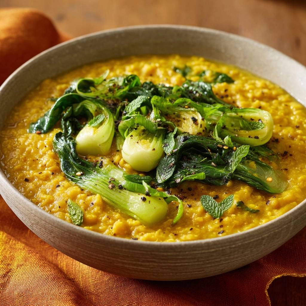 Cremiges Spinat-Bok-Choy-Dal, garniert mit frischen Minzblättern und schwarzem Pfeffer, in einer Schüssel serviert.