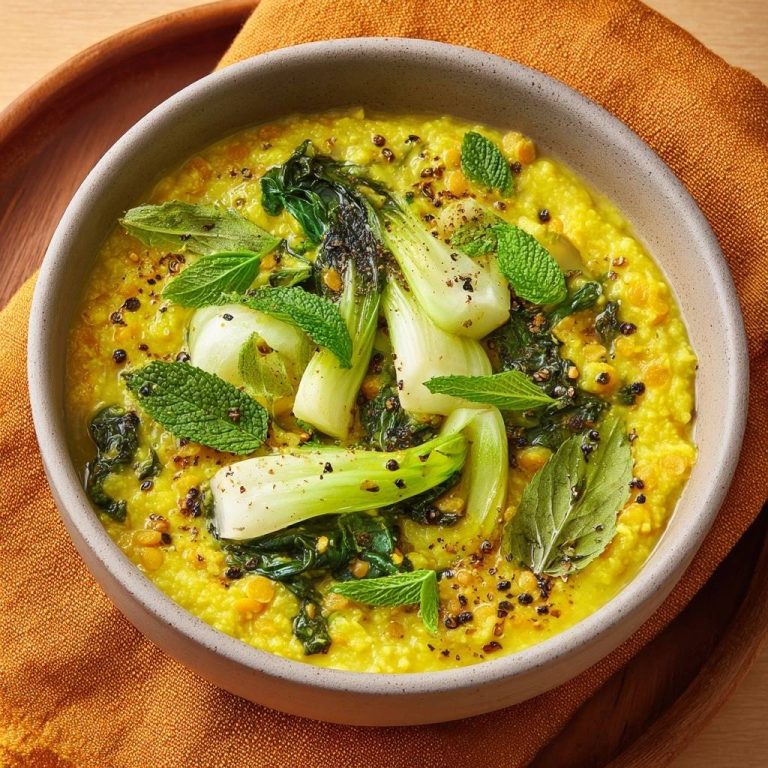 Cremiges Spinat-Bok-Choy-Dal mit frischer Minze und Gewürzen, in einer Schüssel serviert