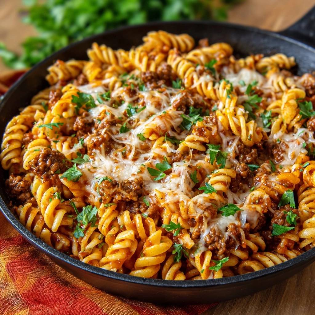 Cremige Fusilli Bolognese mit geschmolzenem Käse und frischen Kräutern in einer Pfanne garniert.