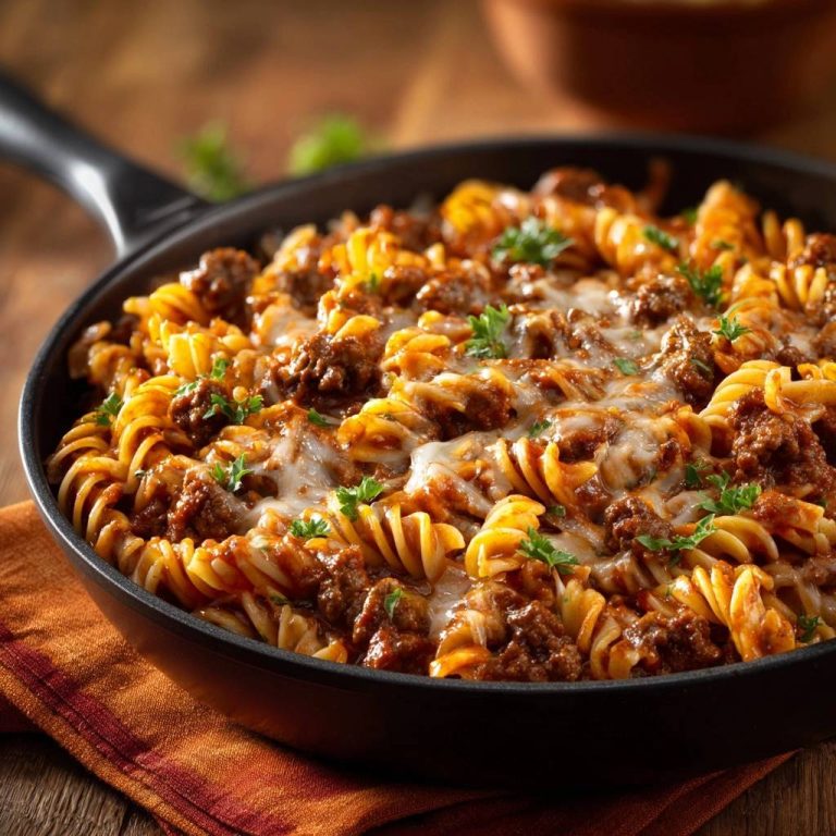 Cremige Fusilli Bolognese in einer Pfanne, Nahaufnahme mit geschmolzenem Käse und Petersilie garniert