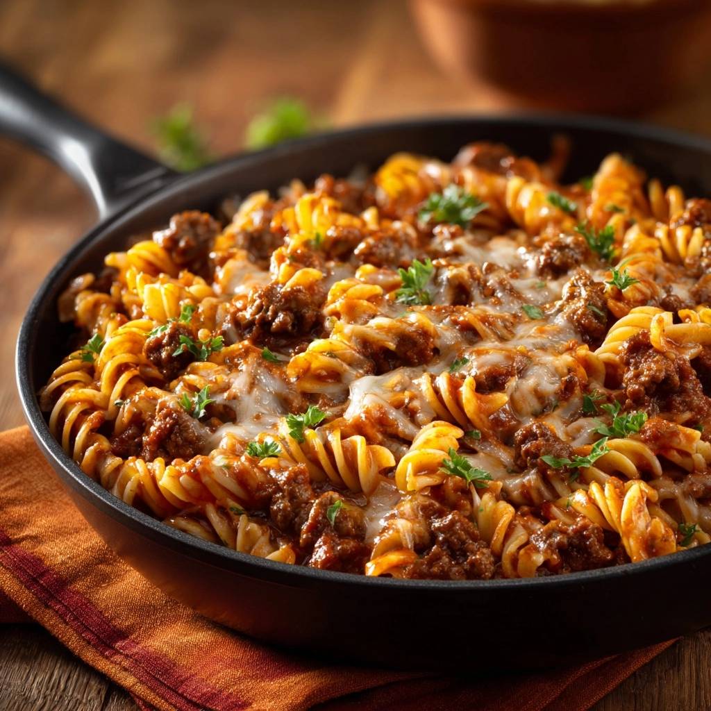 Cremige Fusilli Bolognese in einer Pfanne, Nahaufnahme mit geschmolzenem Käse und Petersilie garniert