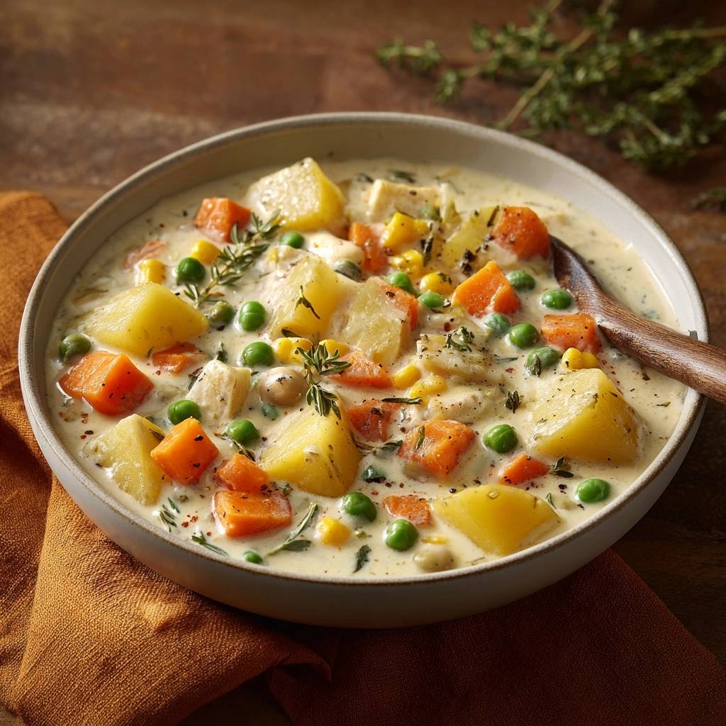 Cremige Hühner-Gemüsesuppe mit Kartoffeln, Karotten und Erbsen, serviert in einer Schüssel mit einem Holzlöffel.