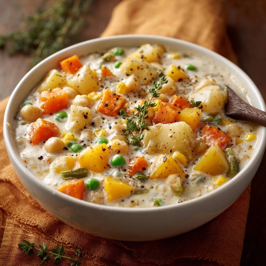 Cremige Hühner-Gemüsesuppe als Nahaufnahme in einer weißen Schüssel mit frischem Thymian garniert.