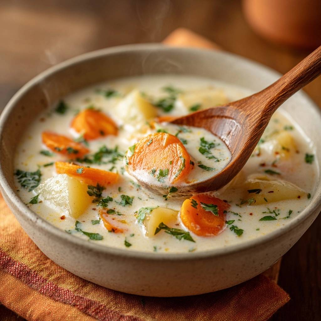 Cremige Karotten-Kartoffelsuppe mit einem Holzlöffel, der eine Portion aus der Schüssel hebt.