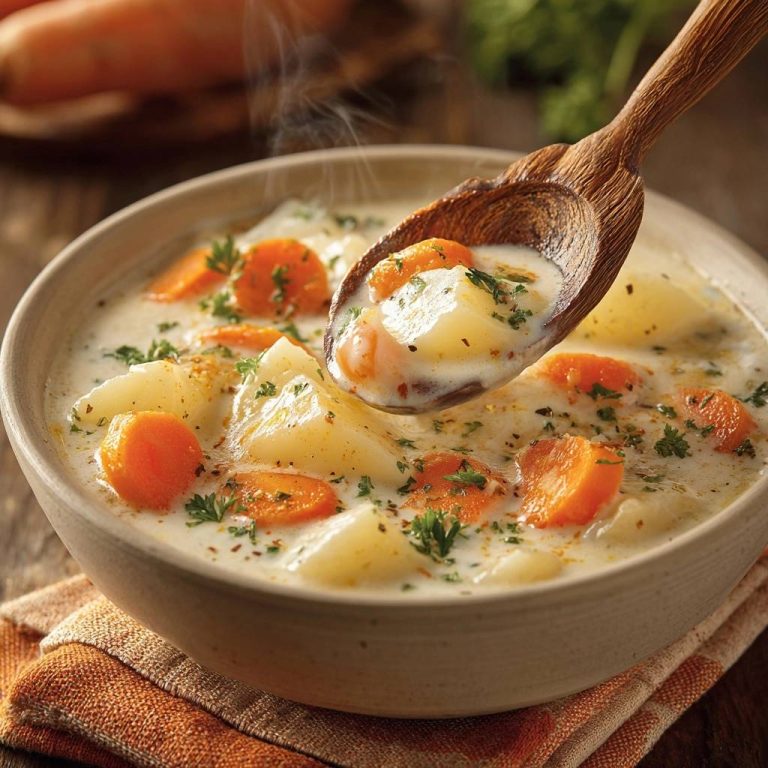 Cremige Karotten-Kartoffelsuppe mit einem Löffel voller Suppe, der aus der Schüssel gehoben wird.