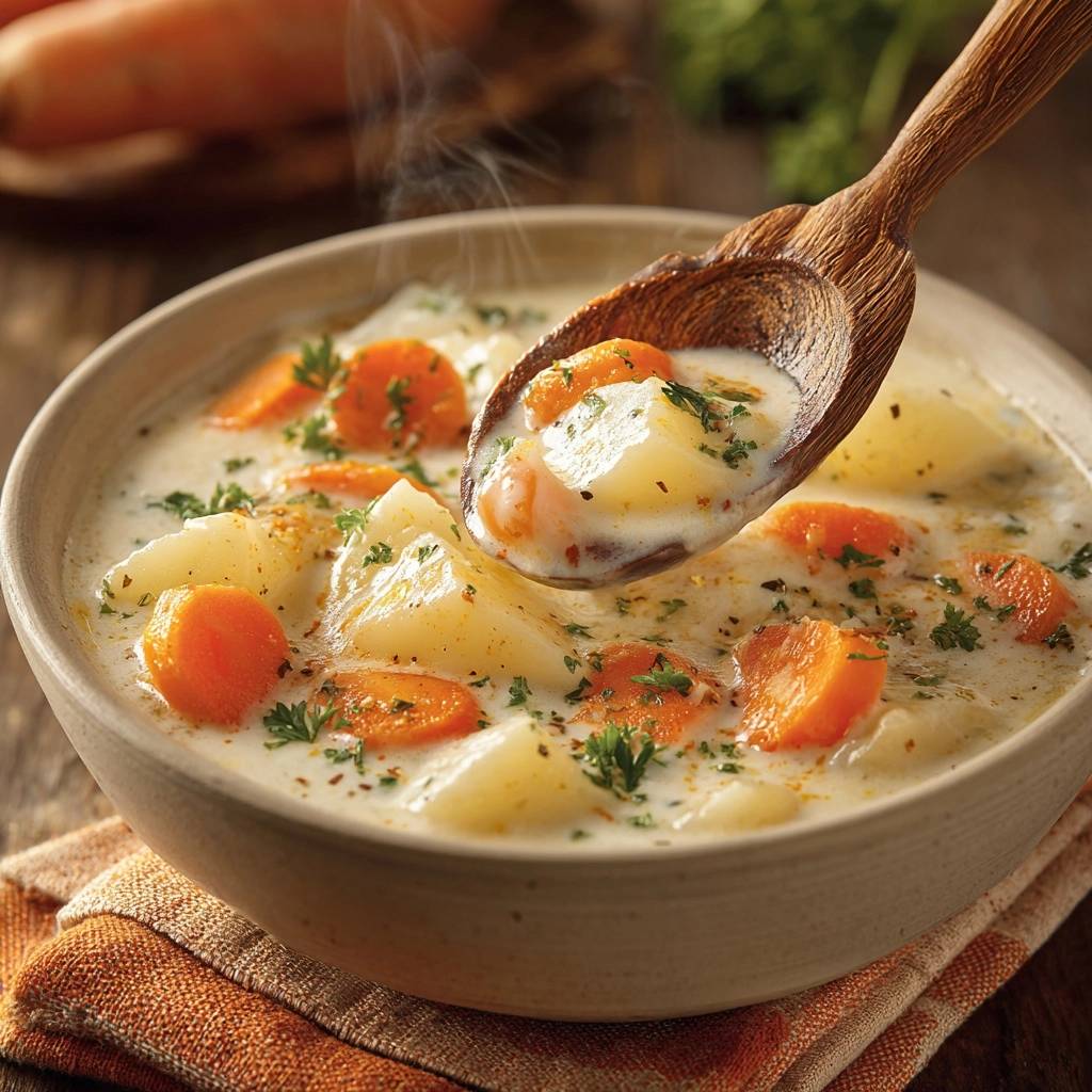 Cremige Karotten-Kartoffelsuppe mit einem Löffel voller Suppe, der aus der Schüssel gehoben wird.