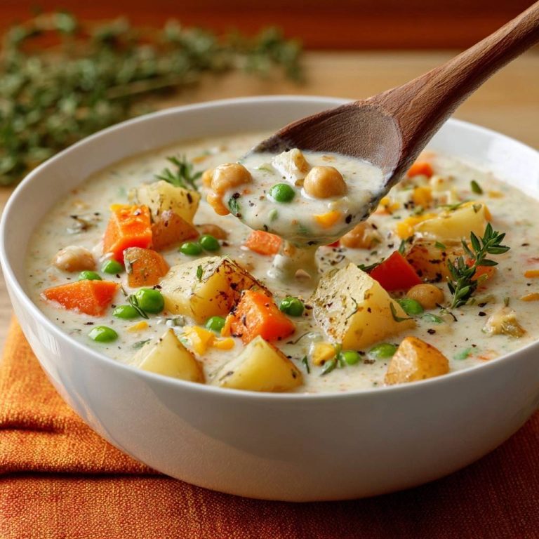 Cremige Kartoffel-Kichererbsen-Suppe mit einem Holzlöffel voller Eintopf, Nahaufnahme vom Schöpfen