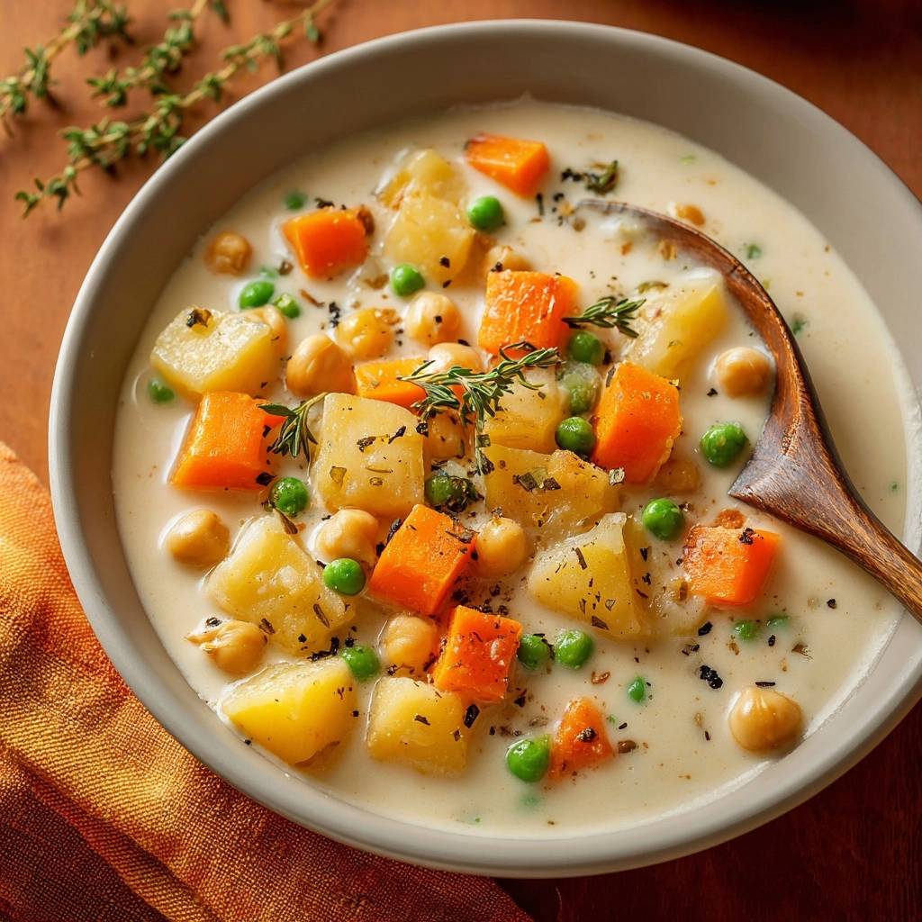 Cremige Kartoffel-Kichererbsen-Suppe mit einem Holzlöffel, nahaufnahme der herzhaften Gemüseeintopf-Zutaten.