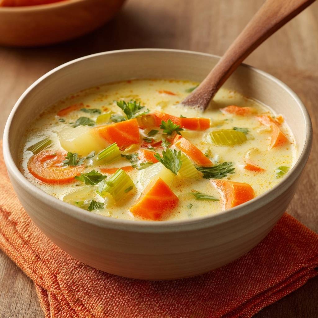 Cremige Kartoffel-Lauch-Suppe mit Karotten, nahaufnahme der stückigen Gemüseeinlage in der cremigen Brühe.
