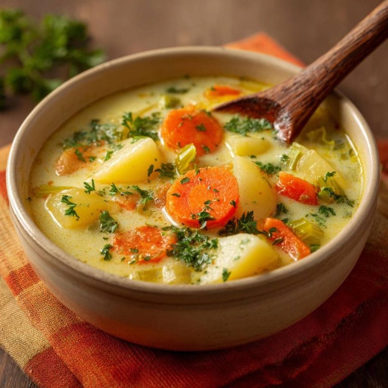 Cremige Kartoffel-Lauch-Suppe mit Karotten, serviert in einer Schüssel mit einem Holzkochlöffel und gehackter Petersilie.