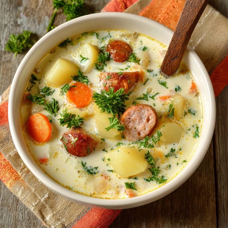 Cremige Kartoffelsuppe mit Wurst, nahaufnahme der Kartoffel- und Wurststücke in der cremigen Brühe mit Petersilie garniert.