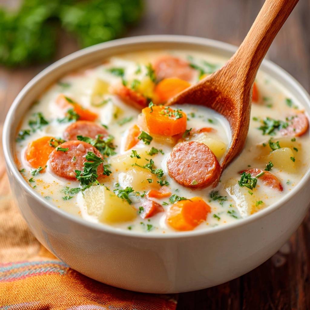 Cremige Kartoffelsuppe mit Wurst wird mit einem Holzlöffel aus einer Schüssel geschöpft, garniert mit Petersilie.