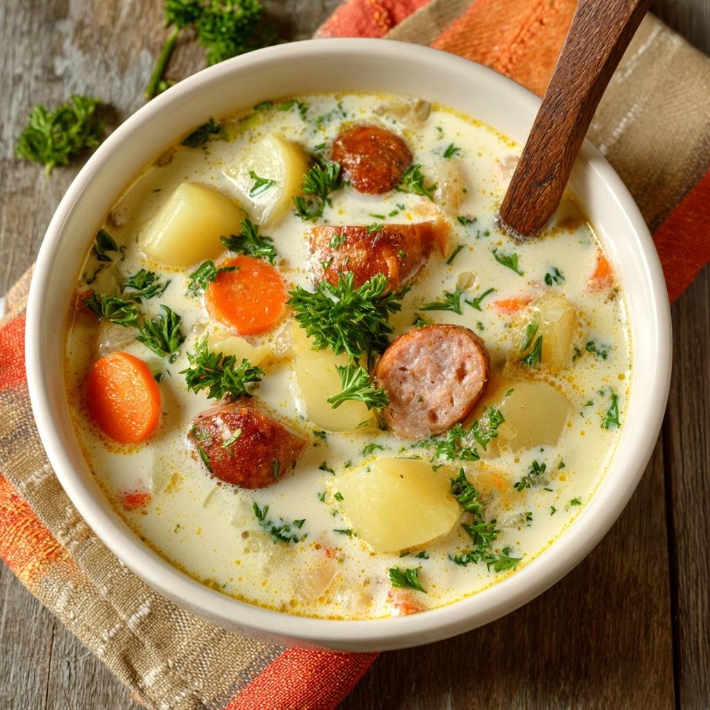 Cremige Kartoffelsuppe mit Wurst, nahaufnahme der Kartoffel- und Wurststücke in der cremigen Brühe mit Petersilie garniert.