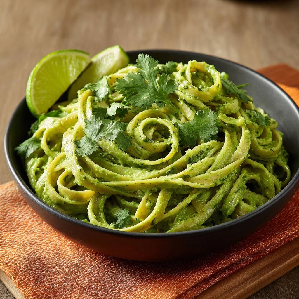 Cremige Koriander-Limetten-Pasta garniert mit frischem Koriander und Limettenspalten in einer schwarzen Schüssel.