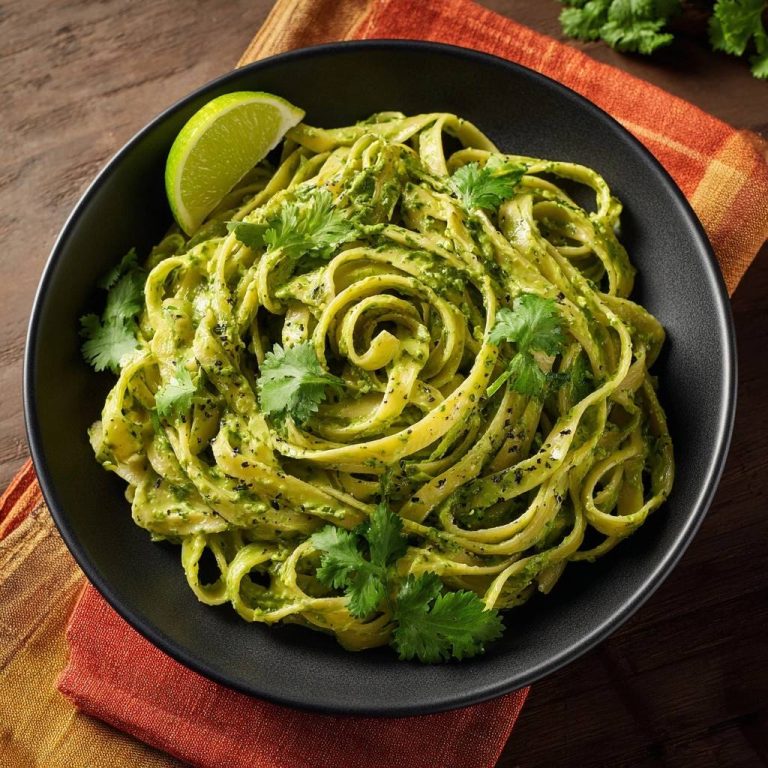 Cremige Koriander-Limetten-Pasta von oben in einer schwarzen Schüssel mit Limettenspalte und Koriander garniert