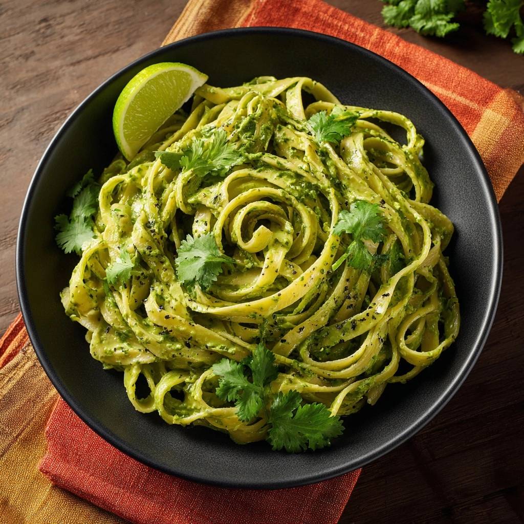 Cremige Koriander-Limetten-Pasta von oben in einer schwarzen Schüssel mit Limettenspalte und Koriander garniert