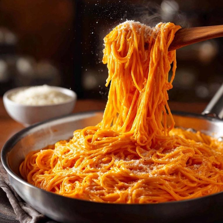Cremige Kürbis-Spaghetti mit frisch geriebenem Parmesan, dampfend aus einer Pfanne gehoben
