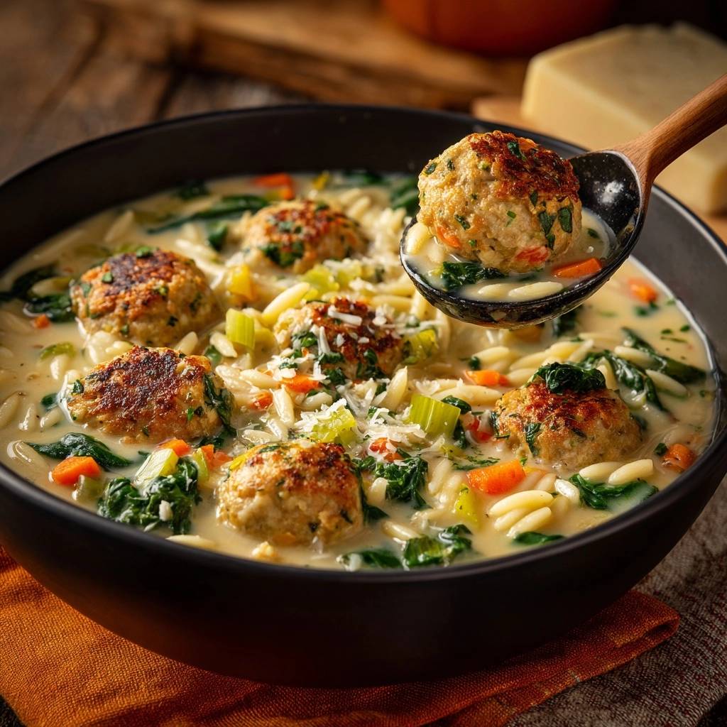 Cremige Orzo-Suppe mit Hähnchenbällchen, eine Kelle hebt ein saftiges Bällchen aus der reichhaltigen Brühe.