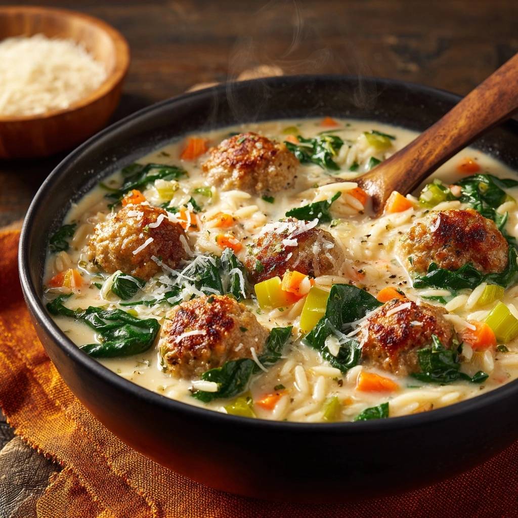 Cremige Orzo-Suppe mit Hähnchenbällchen, Nahaufnahme der dampfenden Suppe mit Fleischbällchen und Gemüse in einer Schüssel.