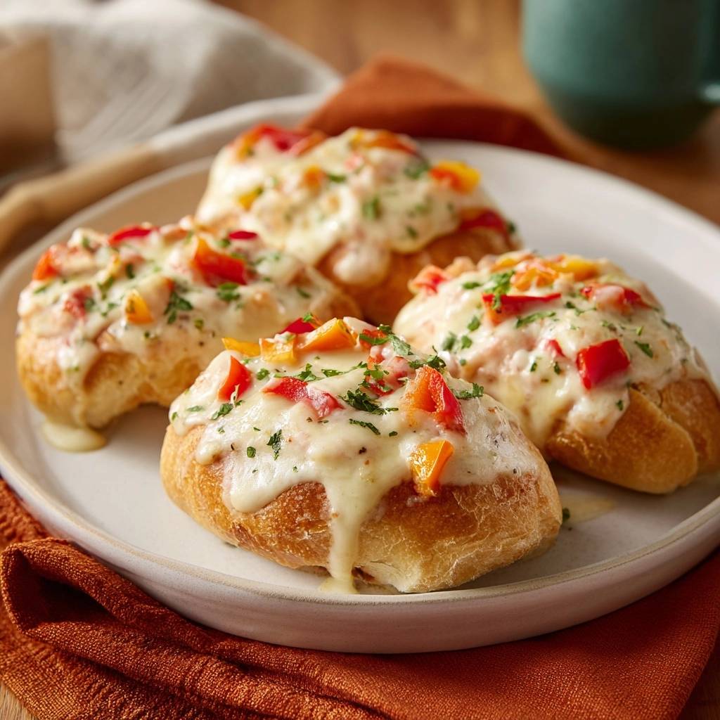 Cremige Paprika-Käse-Brötchen mit geschmolzenem Käse und roten Paprikastücken, serviert auf einem Teller.