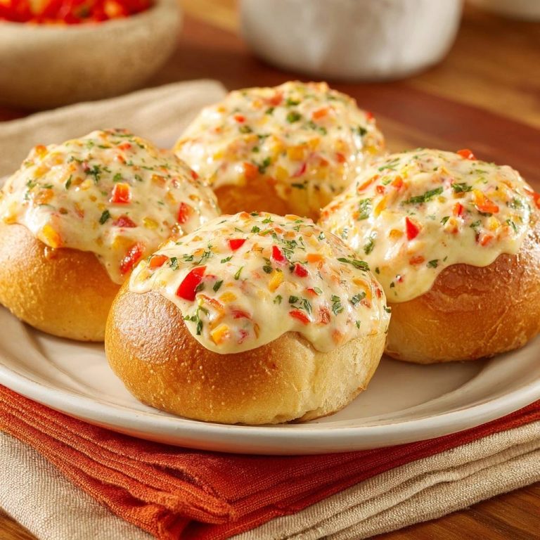 Cremige Paprika-Käse-Brötchen mit bunter Paprika und Kräutern als Topping auf einem Teller serviert.
