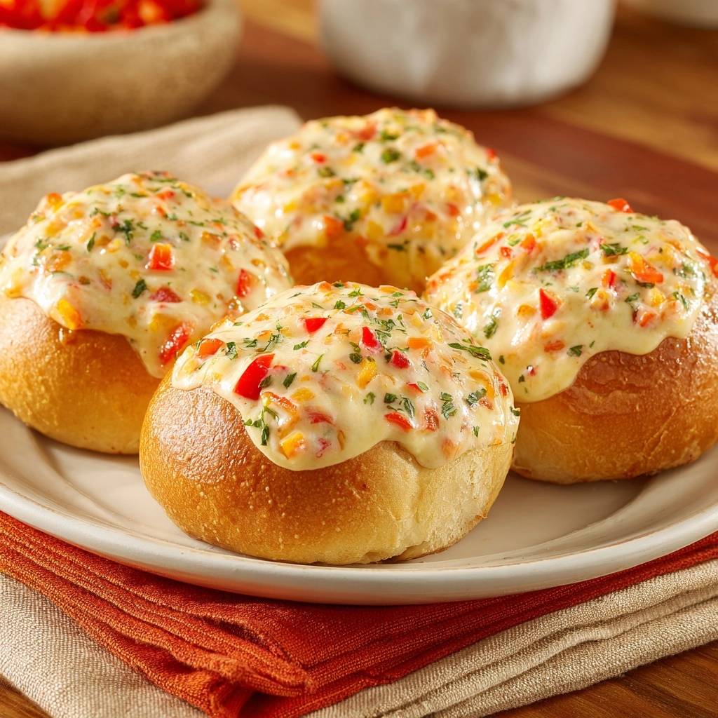 Cremige Paprika-Käse-Brötchen mit bunter Paprika und Kräutern als Topping auf einem Teller serviert.